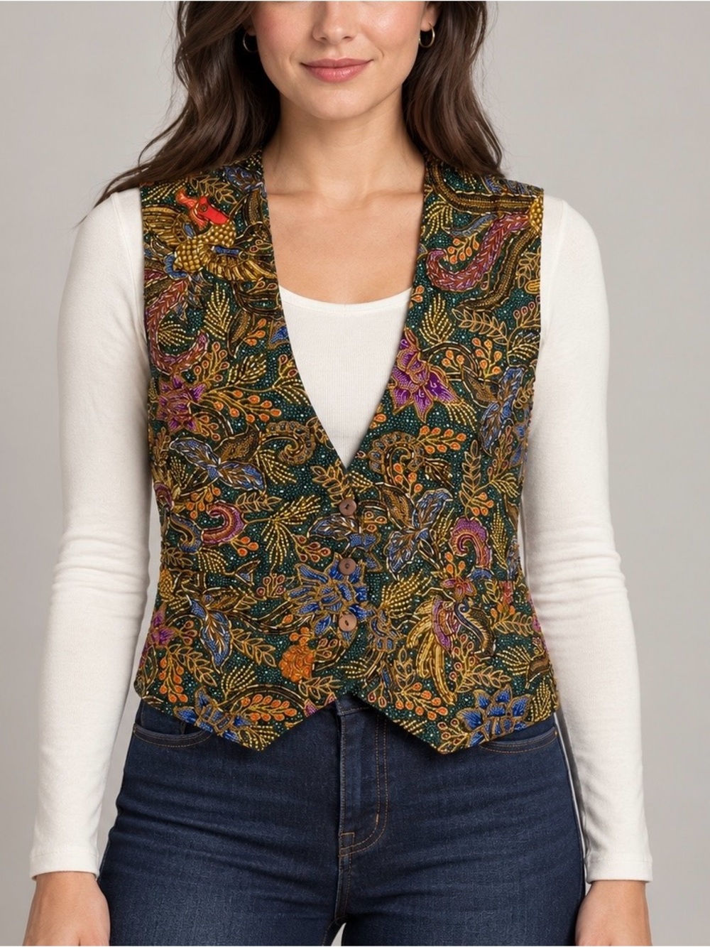 Passports of Pier 1 Imports Beaded Floral Bird Print Vest Size S